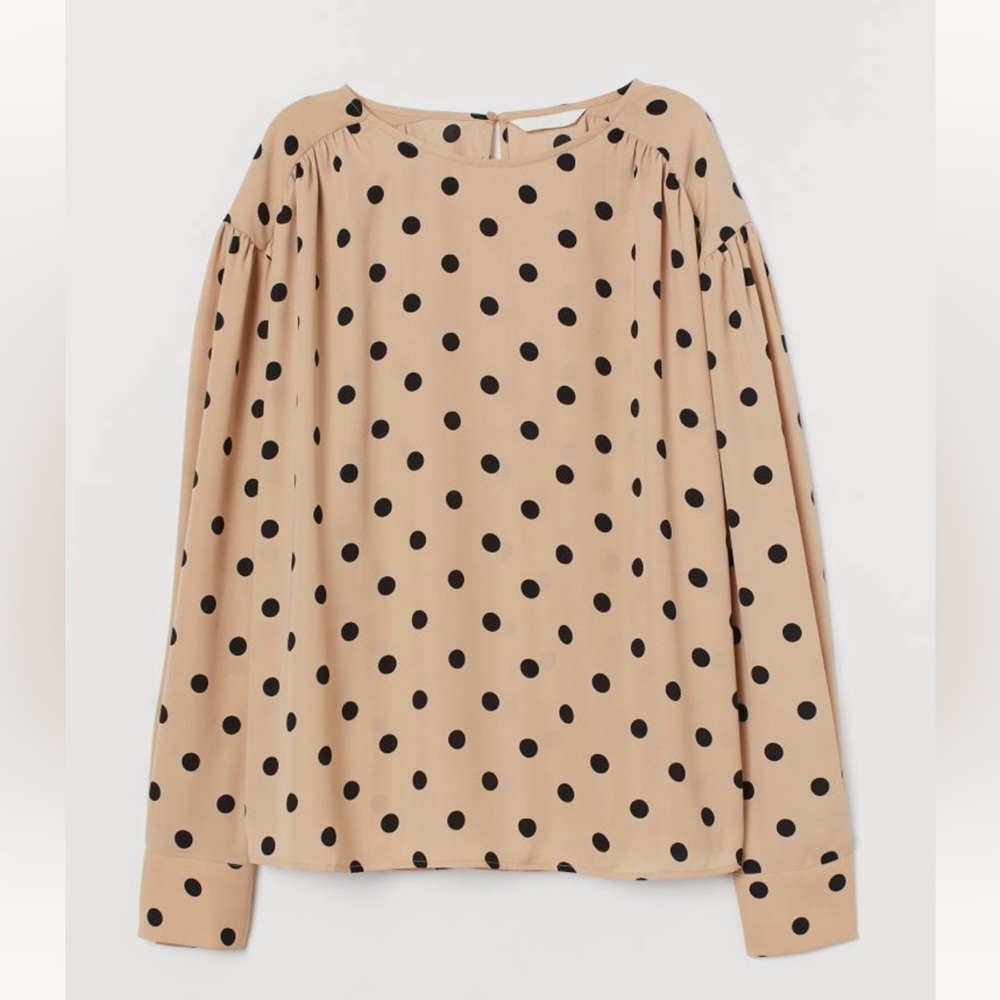 H&M Batwing-Sleeved Blouse - Beige/Black dotted, S